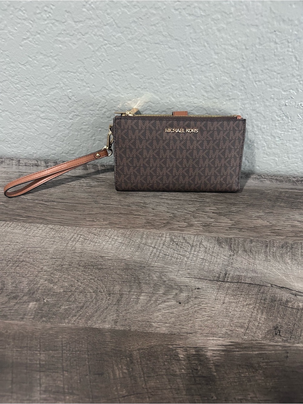 Michael Kors Brown Logo Wristlet with Tan Strap